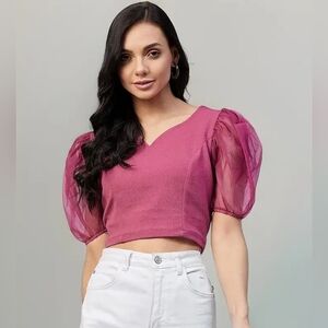 Carlton London Pink Exaggerated 80s Puff Sleeve Women's Crop Top Sz L